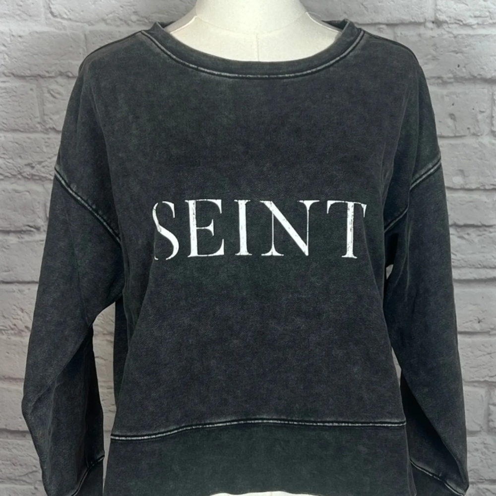 SEINT Women's M Charcoal Washed Graphic‎ Sweatshirt Cotton Crewneck Softcore